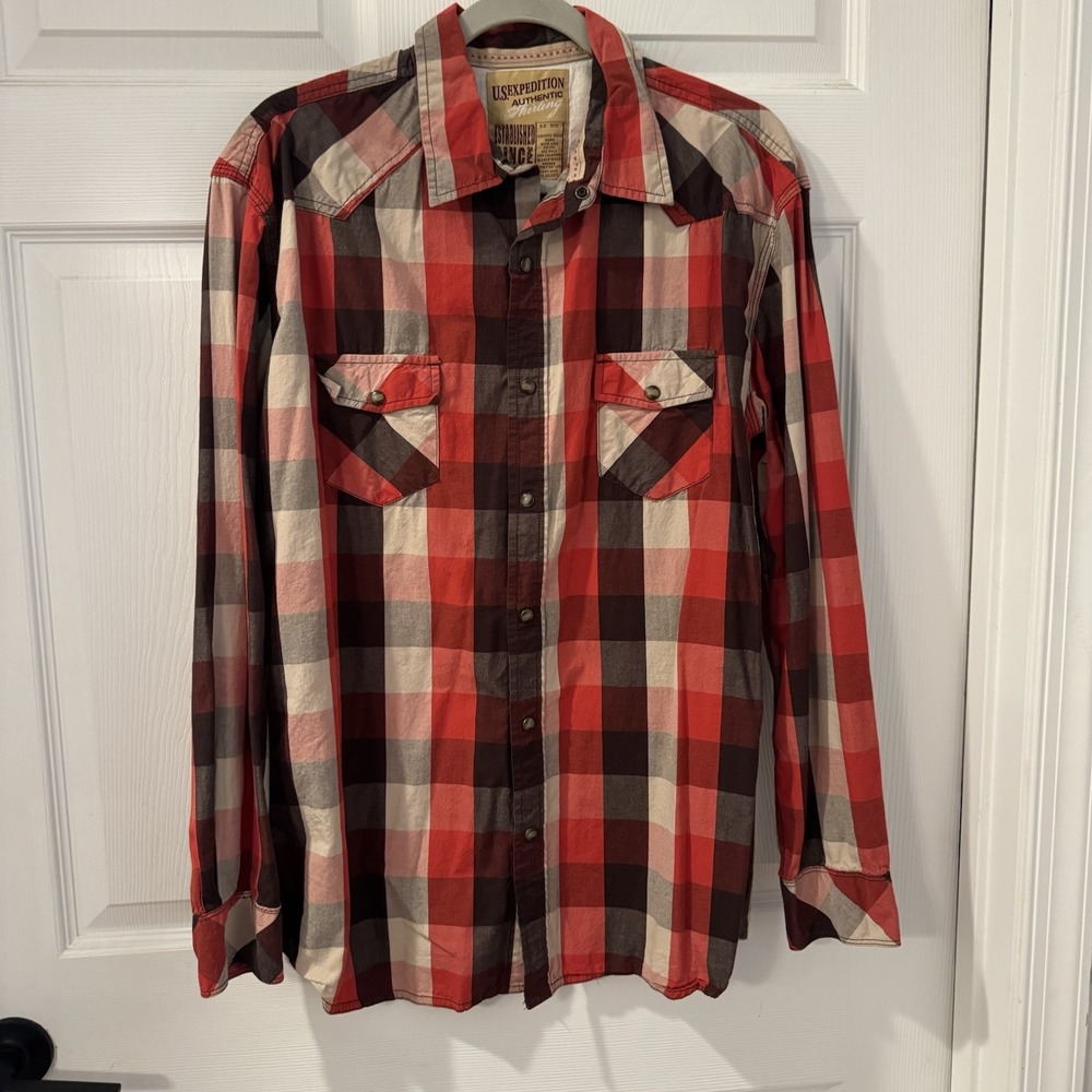 U.S.‎ Expedition Mens Size Large Snap Button Down Red Plaid Western Cowboy